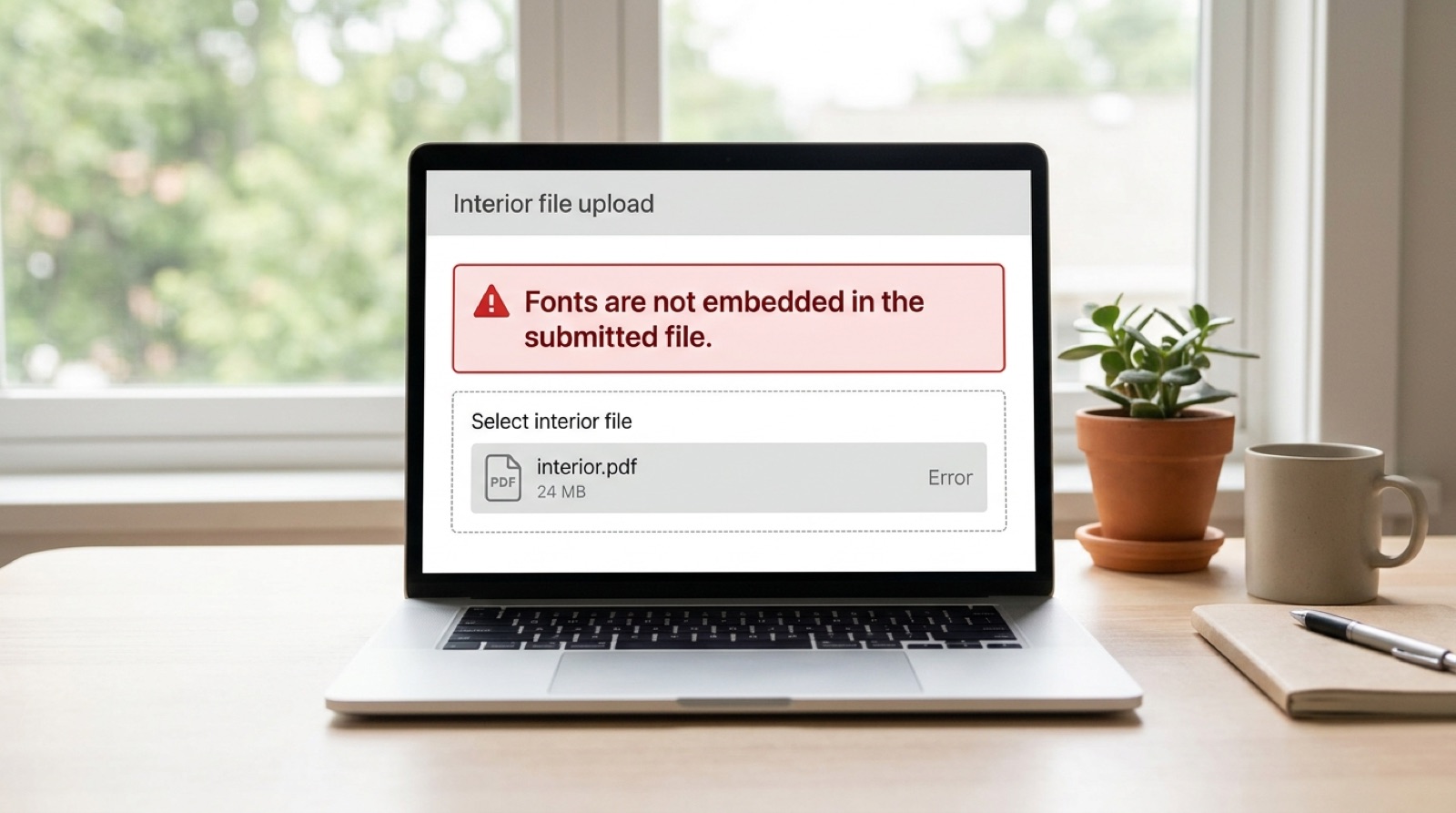 A laptop showing a book printing upload screen with a red alert reading: Fonts are not embedded in the submitted file.