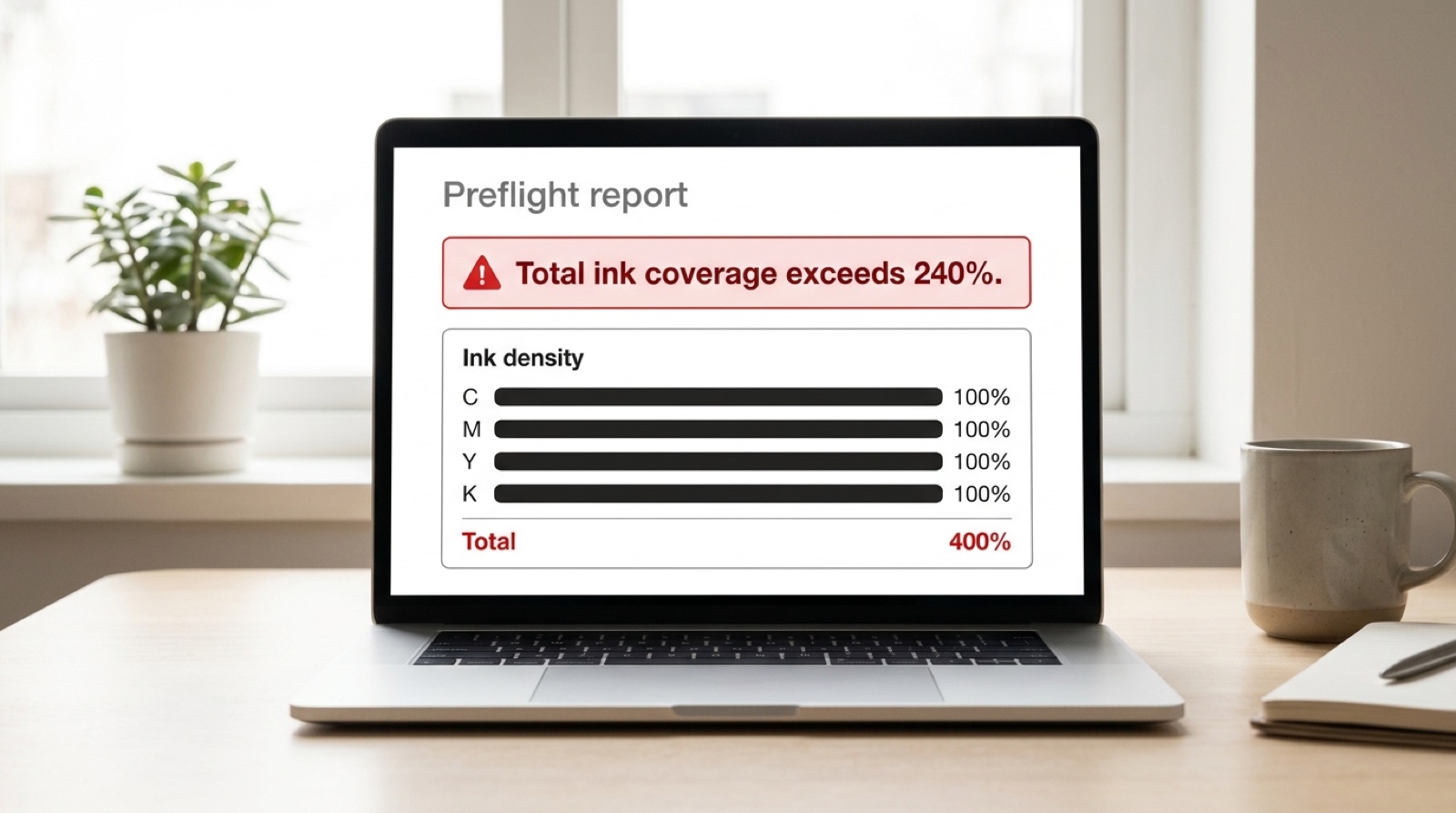 A laptop showing a preflight report with a red alert reading: Total ink coverage exceeds 240 percent, above four ink meters reading 100 percent each for a total of 400 percent.