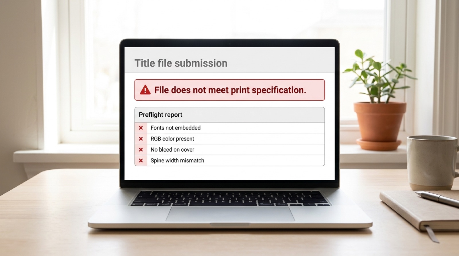 A laptop showing a publisher title submission screen with a red alert reading: File does not meet print specification, above a preflight report listing unembedded fonts, RGB color, no bleed on the cover, and a spine width mismatch.