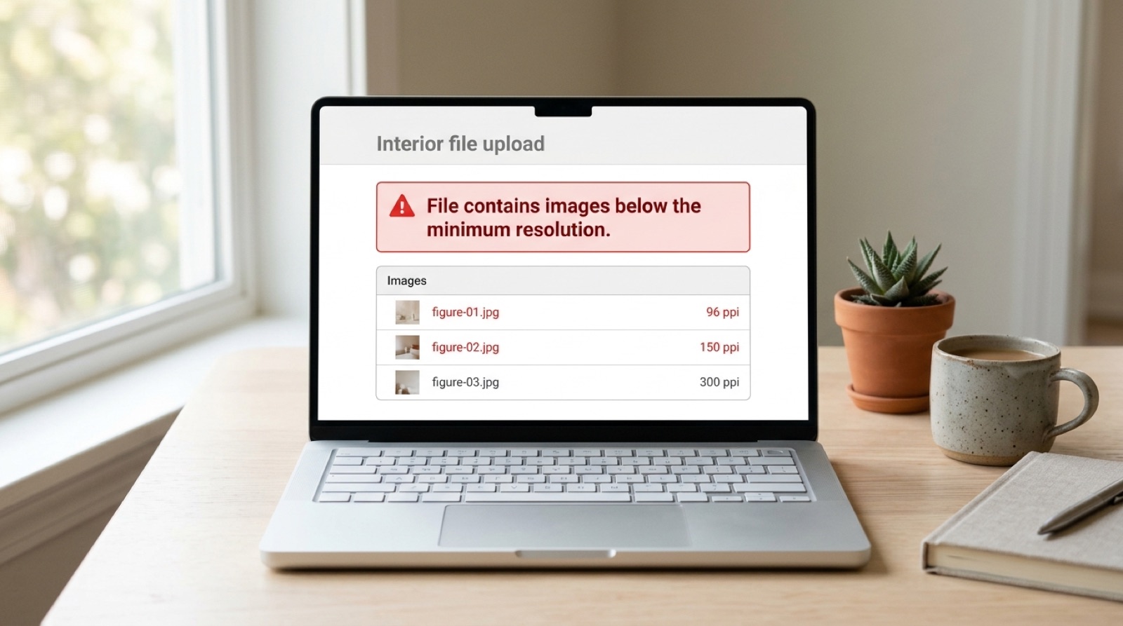 A laptop showing a book printing upload screen with a red alert reading: File contains images below the minimum resolution, above a list of three images at 96, 150 and 300 ppi.