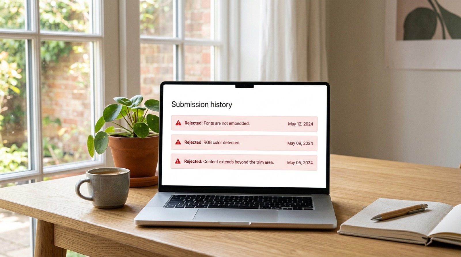 A laptop showing a submission history with three separate rejection notices stacked, each citing a different reason.