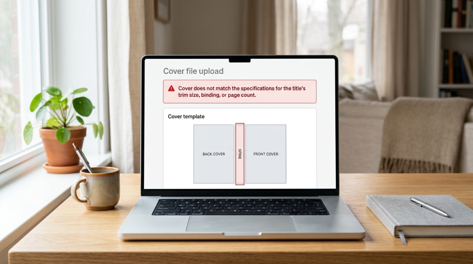 A laptop showing a book printing upload screen with a red alert reading: Cover does not match the specifications for the title's trim size, binding, or page count, above a cover template with the spine panel outlined in red.